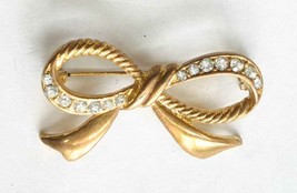 Elegant Crystal Rhinestone Gold-tone Bow Brooch 1950s vintage 1 3/4&quot; - £9.81 GBP