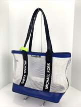 Michael Kors Tote Bag Sport Danika White Mesh Blue Leather Logo  B2A - $89.00