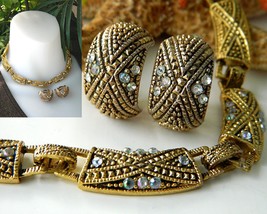 Vintage Choker Necklace Earrings Demi Parure Goldtone AB Rhinestones - £22.41 GBP