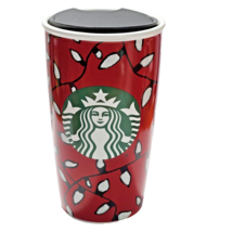 Starbucks 2016 Ceramic Tumbler Mug Plastic Lid Christmas Holiday Lights 6&quot; Tall - £14.67 GBP