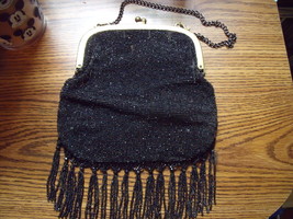 Purse -  Black Beaded Purse with Fringe Bottom and Leather Lining - £59.95 GBP