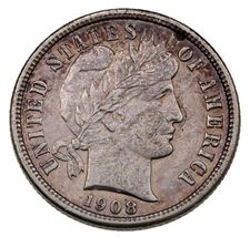 1908-S 10C Barber Dime in XF Condition, Light Toning - $89.10