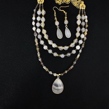 Boho Earth Tone Amazonite  Multi Strand Necklace Earrings Gold Tone Agate  - £47.17 GBP