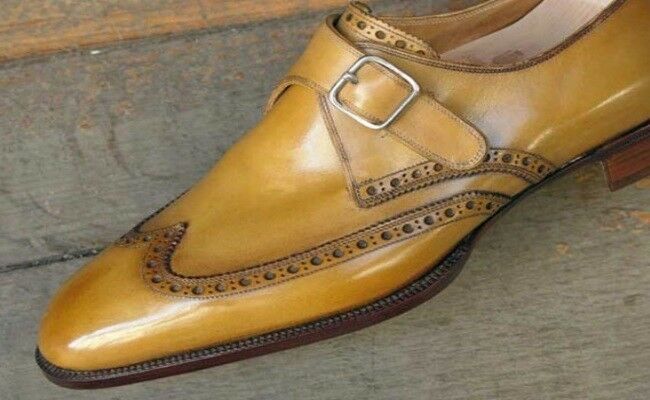 New Men Monk Wingtip Vintage Leather Dress Shoes Brogue Tan Brown Handmade  2019