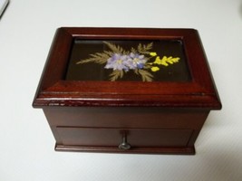 Nice Wooden Jewelry Box ~ Galss with Flowers On Top - £24.50 GBP