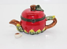 Porcelain Apple Teapot Hinged Lid Trinket Box With Small Cup - $12.87