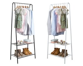 Clothes Rack w 2-Tier Metal Shelves Clothing Organizer Shoe Storage Coat Garment - £26.76 GBP