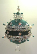 Push Pin Christmas Ornament Green Silk Crystal Beads Silver Vintage Handmade - £12.85 GBP