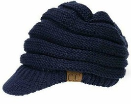 C. C Brand Brim Visor Trim Ponytail Beanie Ski Hat Knitted Bun Cap - Blue Navy - £11.49 GBP