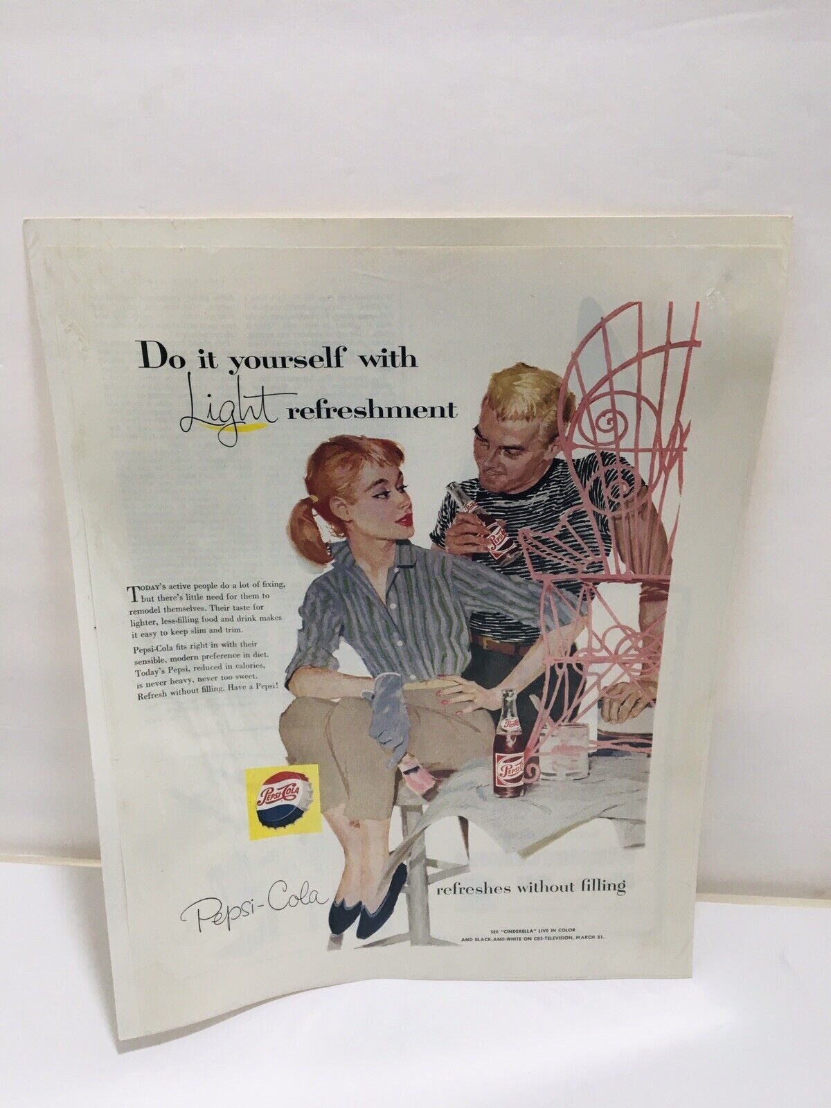 Primary image for Original 1950's Pepsi-Cola Refreshes Without Filling-Vintage Ad "Light Refresh"