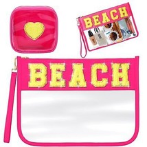 2 Pcs Beach Makeup Bag Clear Cosmetic Toiletry Pouch Chenille Letter Patch Bags  - £19.52 GBP