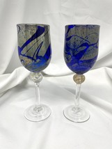 Christine Runyon Art Glass Stemware Wine Glasses Vintage Signed Goblet Blue - £61.28 GBP