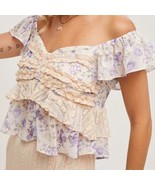 Floral Print Ruffle Lace Trimmed Sweetheart Neck Top Violet Combo - $60.93 CAD