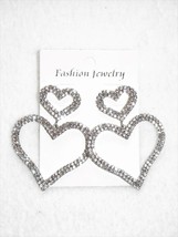 2 1/2&quot; White Gold Open Hearts Post Earrings Crystal Pave Rhinestones GORGEOUS - £22.28 GBP