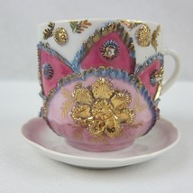 Antique Victorian German Teacup &amp; Saucer Lusterware Pink Gold Flower Relief RARE - £47.12 GBP