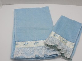 2 AFTER BATH Luxury Hand Towels Blue w/Embroidered Satin Lace Trim USA - £11.74 GBP