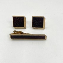 Vintage Swank Cuff Links Tie Bar Clip Set Gold Tone Square Brown Faux Snakeskin - £7.82 GBP