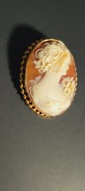 Vintage  Carved Shell Cameo Woman Flowers in Gold Filled Brooch Pin - £77.66 GBP