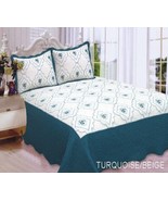 ANNA FLOWERS EMBROIDERED TURQUOISE &amp; BEIGE BEDSPREAD COVERLET SET 3 PCS ... - £39.55 GBP