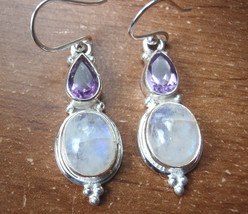 Moonstone &amp; Faceted Amethyst Teardrop 925 Sterling Silver Dangle Earrings b36cq - £27.32 GBP