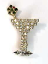 Sparkling Rhinestone Martini &amp; Green Olive Brooch Pin Signed Bauer Gold Tone - £39.30 GBP
