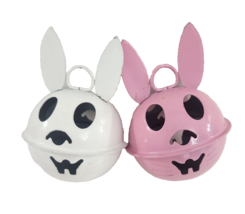 Vintage Easter Bunny Bell 1993 Pink &amp; White Metal Bunny Heads Jingles Set of 2 - $12.19