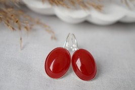 Oval red jade earrings silver, Gemstone dangle earrings, Red stone hangi... - $29.90