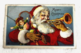 Santa Blowing Toy Horn Tennis Racket Dolls Blue Background Dated 1916 Po... - $12.38