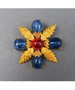 Crown Trifari Vintage Gold Tone Gripoix Cabochon Glass Maltese Cross Brooch - £314.75 GBP