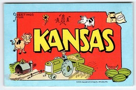 Greetings From Kansas Cow Pig Farm Tractor Flour Melons Postcard Map Linen Kropp - £12.11 GBP