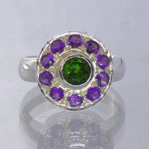Green Chrome Diopside Purple Amethyst Handmade Silver Ring size 8.75 Design 12 - £86.39 GBP