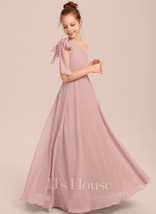 A-line One Shoulder Floor-Length Chiffon Junior Bridesmaid Dress With Bow - £95.12 GBP