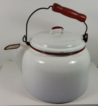 Vintage white/red porcelain enamelware teapot kettle with wood handle. - $24.09