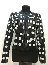 Round Neck Black White Genuine Leather Leaf Jacket Womens All Sizes Zip Short D7 - £179.82 GBP