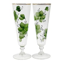 Vtg MCM Federal Glass Hand Painted Green Flowers Leaves Pilsner Glass Gold Rim - £13.90 GBP