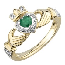 14K Placcato Oro Giallo Finto Smeraldo e Diamante Cuore Claddagh Promessa Anello - £65.89 GBP