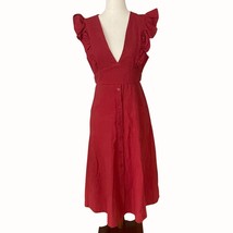 Lost + Wander Deep V-neck Ruffle Sleeve Button Tie Back Midi Linen Dress... - $22.00