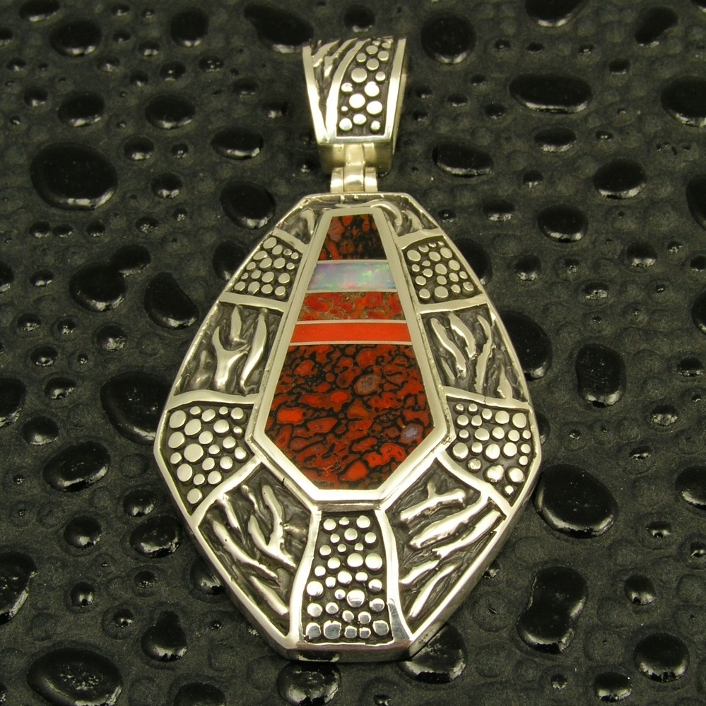 Red Dinosaur Bone Pendant with Opal in Sterling Silver - $950.00