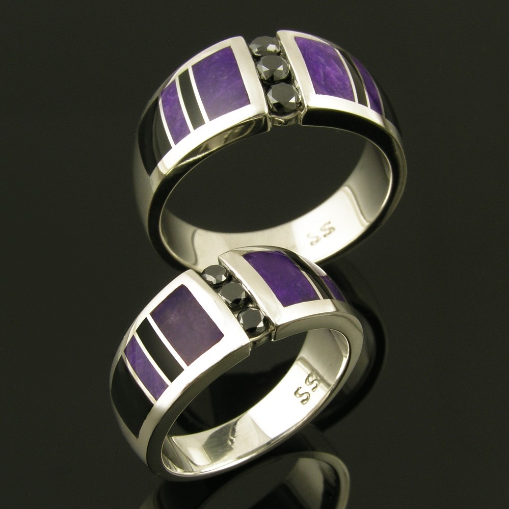 Black Diamond Wedding Ring Set with Sugilite and Black Onyx Inlay in Silver - $990.00