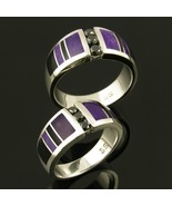 Black Diamond Wedding Ring Set with Sugilite and Black Onyx Inlay in Silver - £779.78 GBP