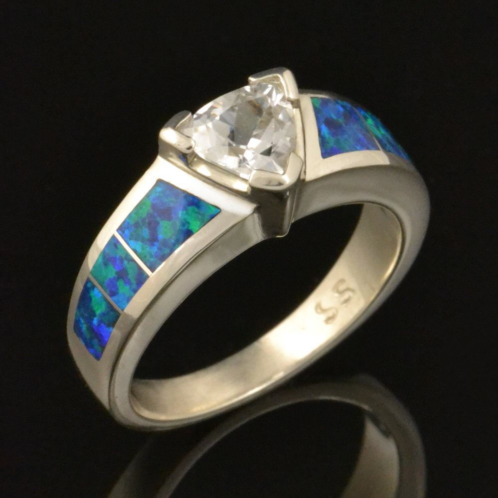 Lab Created Opal Wedding Ring with Trillion White Sapphire - £471.03 GBP