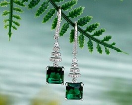 3Ct Princess Cut Lab-Created Emerald Drop Dangle Earrings 14k White Gold Plated - £115.97 GBP