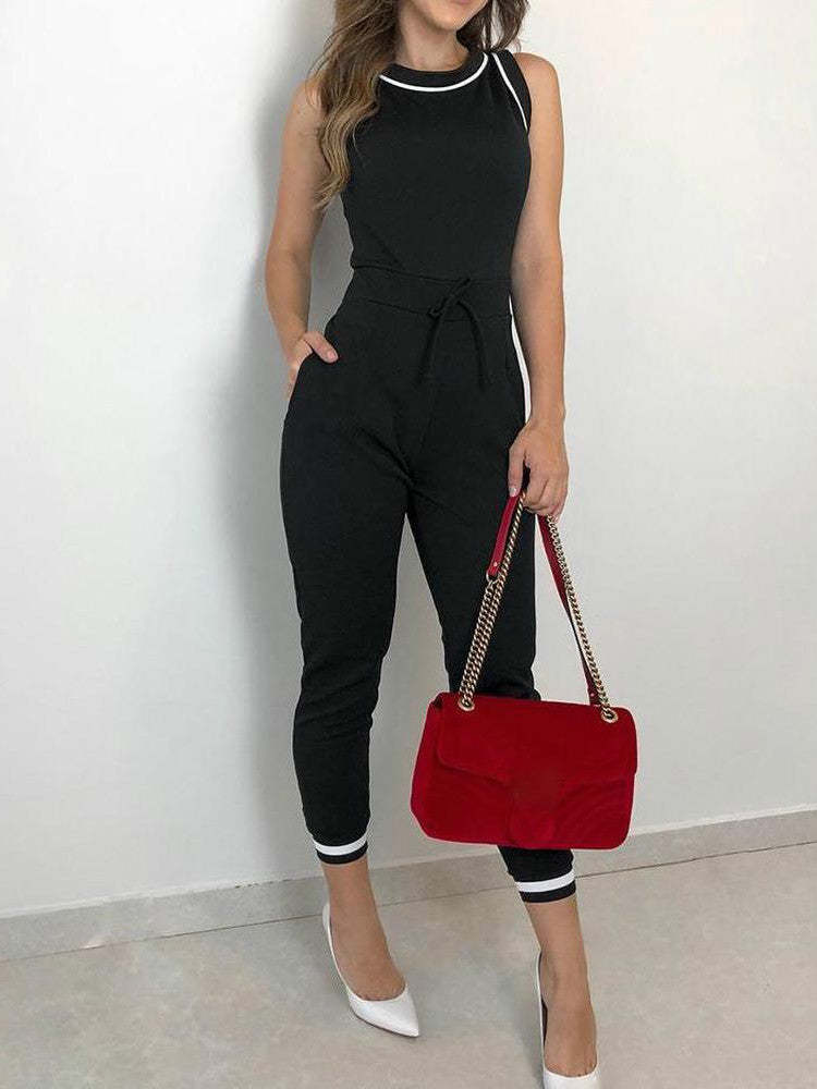 Contrast Binding Tie Waist Casual Jumpsuit - $41.95