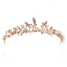 Women&#39;s Elegant Crowns Pink Crystal Rhinestone Floral Tiaras Gold  Wedding Hair  - £15.12 GBP