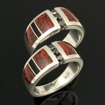 His and Her Dinosaur Bone Wedding Ring Set with Black Diamonds - $990.00