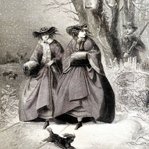 Victorian Women In Snow Engraving 1859 Man With Rifle Hunting Winter Art DWY5D - £74.68 GBP