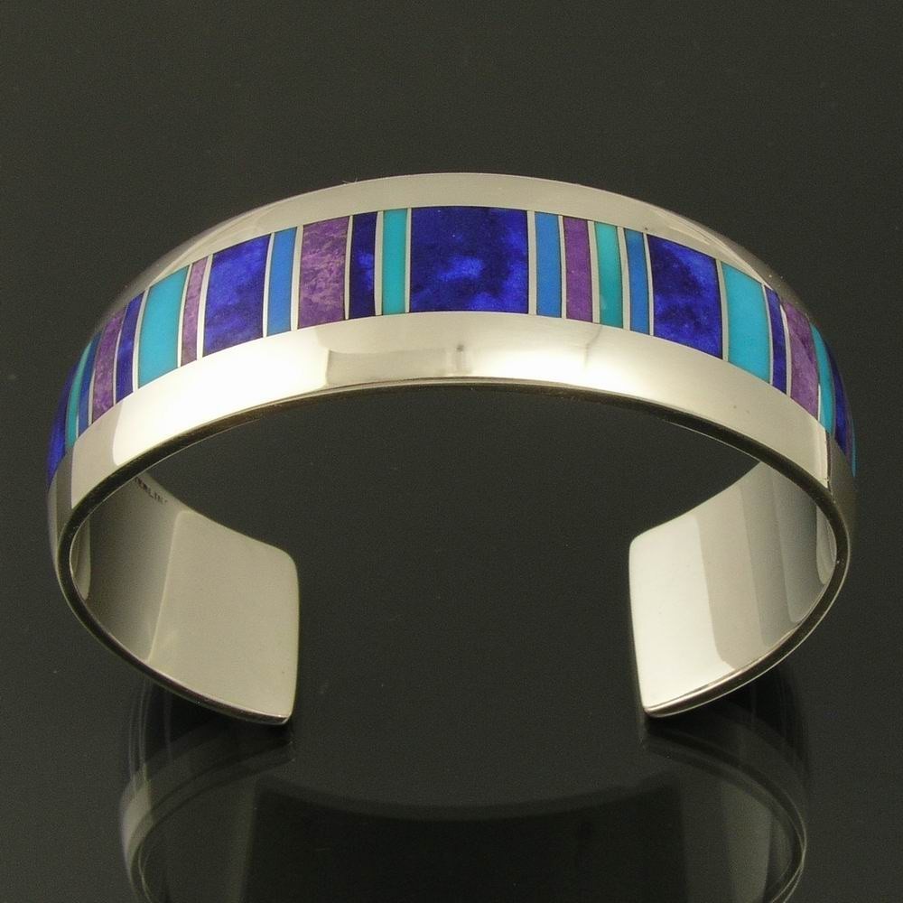 Sterling silver bracelet inlaid with lapis, sugilite, cerrullite and turquoise b - £1,014.43 GBP