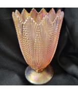 L E Smith 9&quot; Carnival Glass Pink Iridescent Corn Vase Beaded Sawtooth St... - $102.12 CAD