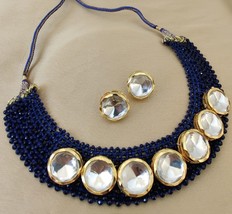 Gold Plated Indian Bollywood Style Kundan Dark Blue Fusion Necklace Jewelry Set - £53.08 GBP
