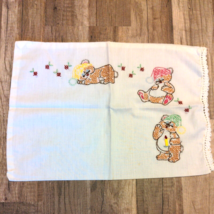 Vintage Handmade Cross-Stitch Baby Pillowcase Crib / Carriage  16&quot; x 12&quot; Bears - $11.98